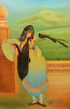  islamisch Ölgemälde - Islamische Dame und Vogel